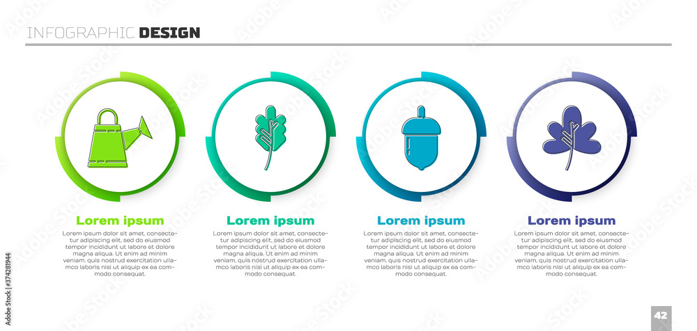 设置浇水罐，树叶或树叶，橡子和树叶或树叶。商业信息图模板。矢量。