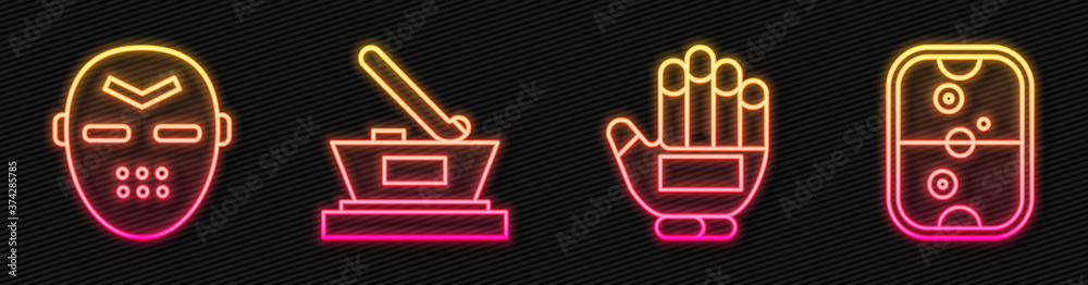 Set line Hockey glove, Hockey mask, Ice hockey cup champion and Air hockey table. Glowing neon icon.