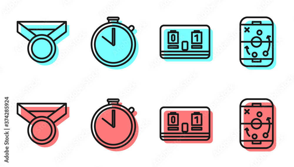 Set line Hockey mechanical scoreboard, Medal, Stopwatch and Planning strategy icon. Vector.