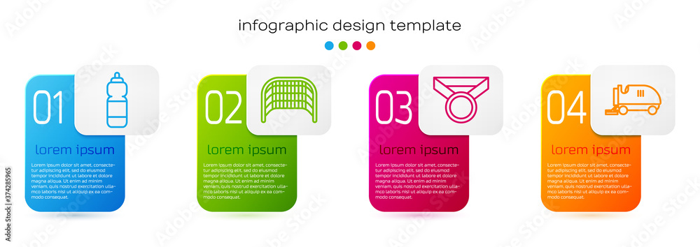 Set line Fitness shaker, Ice hockey goal, Medal and Ice resurfacer. Business infographic template. V