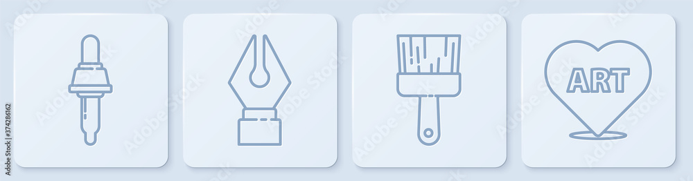 Set line Pipette, Paint brush, Fountain pen nib and Heart with text art. White square button. Vector