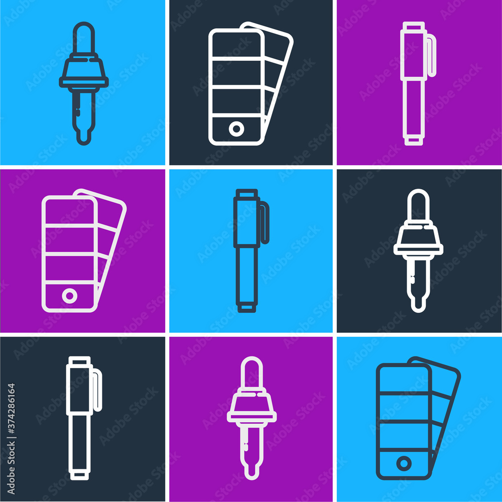 Set line Pipette, Pen and Palette icon. Vector.