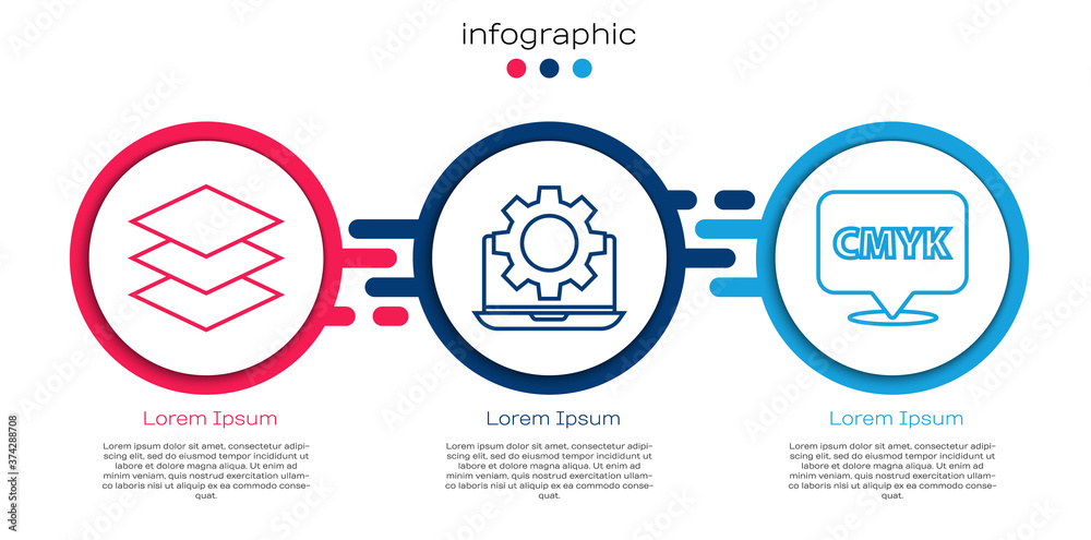 设置行图层、笔记本电脑和设备以及带有文本CMYK的语音气泡。商业信息图模板.Ve