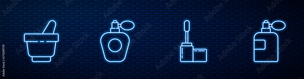 Set line Mascara brush, Mortar and pestle, Perfume and . Glowing neon icon on brick wall. Vector.