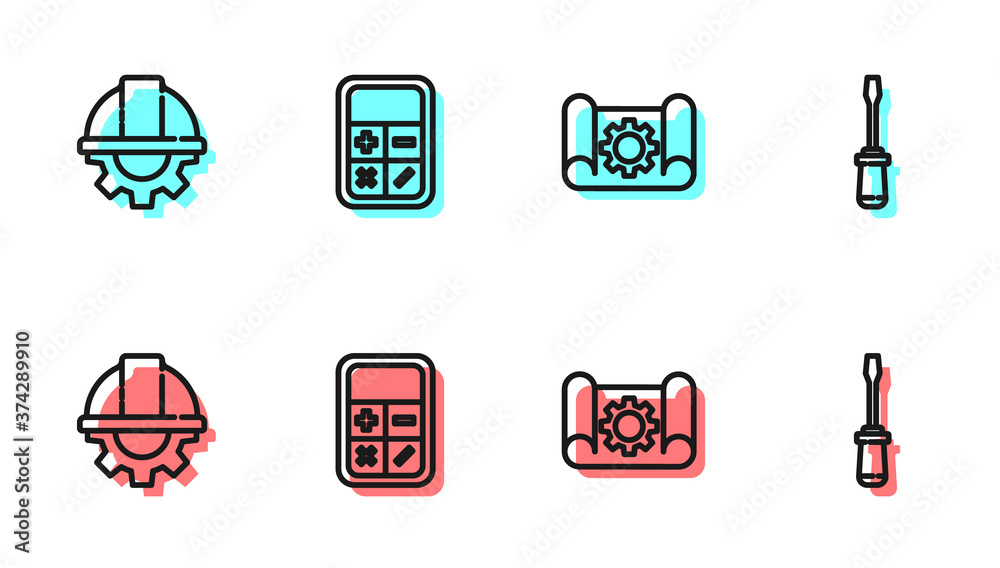 Set line Graphing paper and gear, Worker safety helmet, Calculator and Screwdriver icon. Vector.