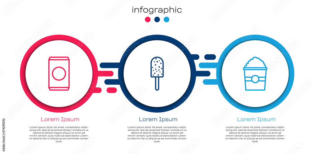 Set line Soda can with straw, Ice cream and Popcorn in box. Business infographic template. Vector.