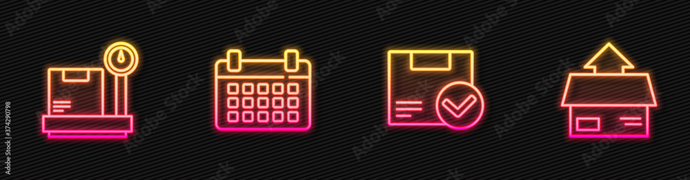 Set line Package box with check mark, Scale cardboard, Calendar and Carton. Glowing neon icon. Vecto