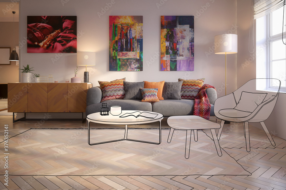 Modern Furnishings and Art Panintings Inside an Apartment (project) - 3d visualization