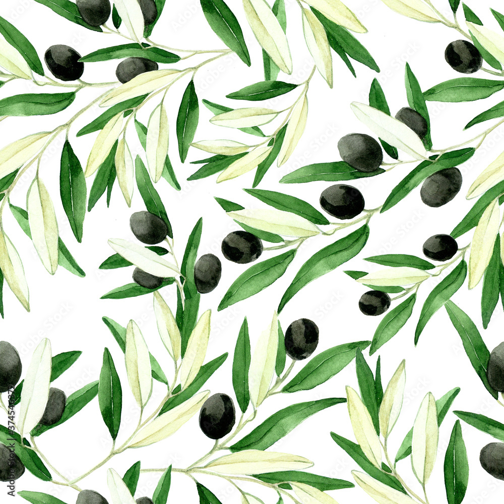 seamless watercolor pattern with olive leaves and fruits, realistic vintage drawing. black olives is