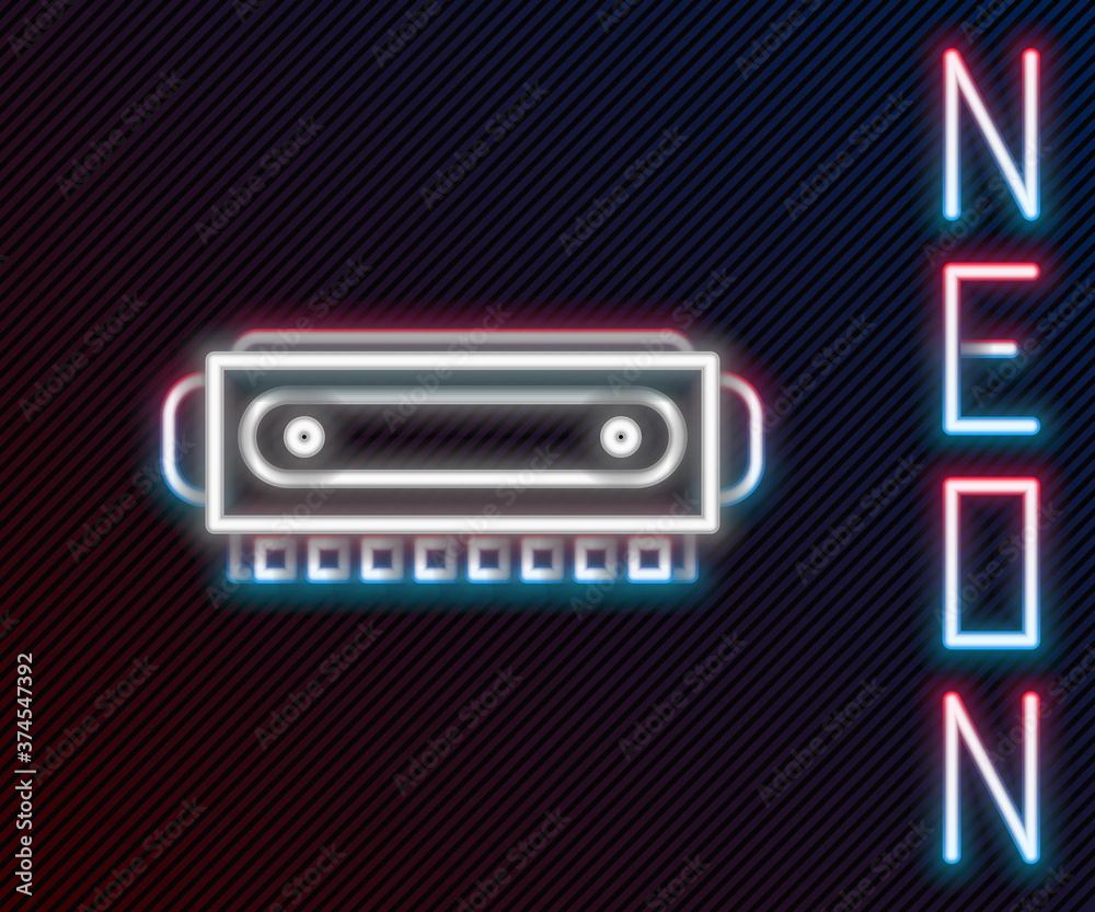 Glowing neon line Harmonica icon isolated on black background. Musical instrument. Colorful outline 