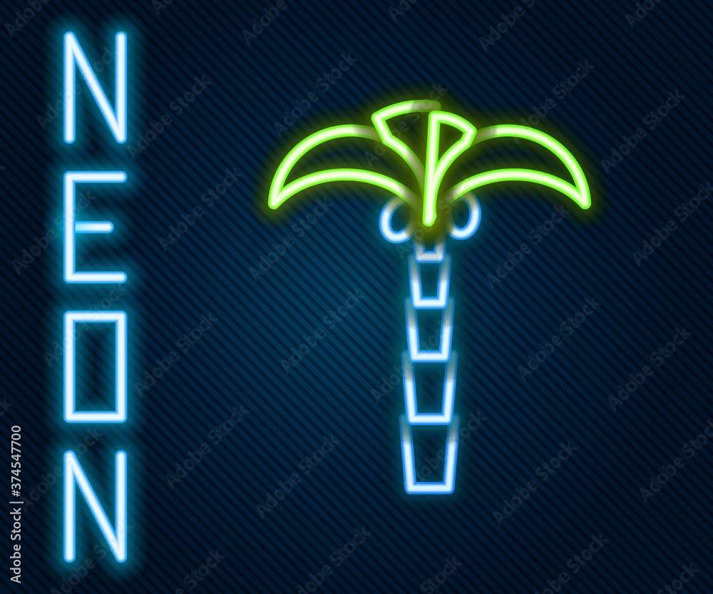 Glowing neon line Tropical palm tree icon isolated on black background. Coconut palm tree. Colorful 