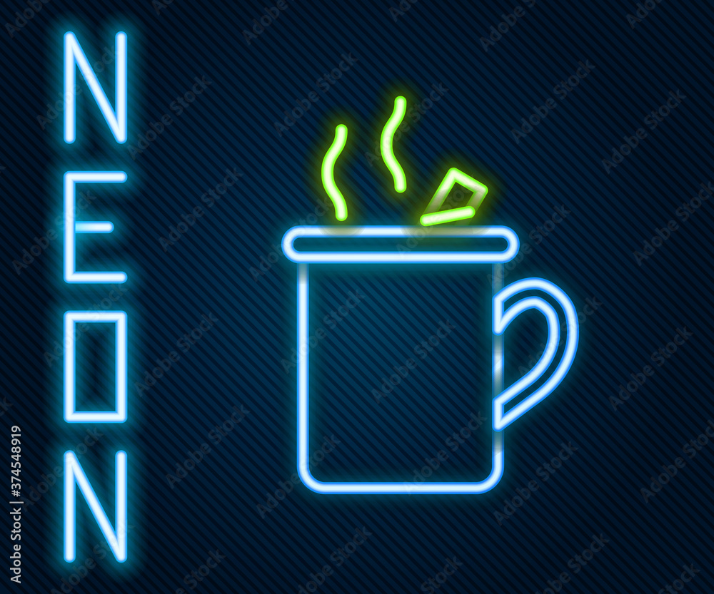 Glowing neon line Mulled wine with glass of drink and ingredients icon isolated on black background.