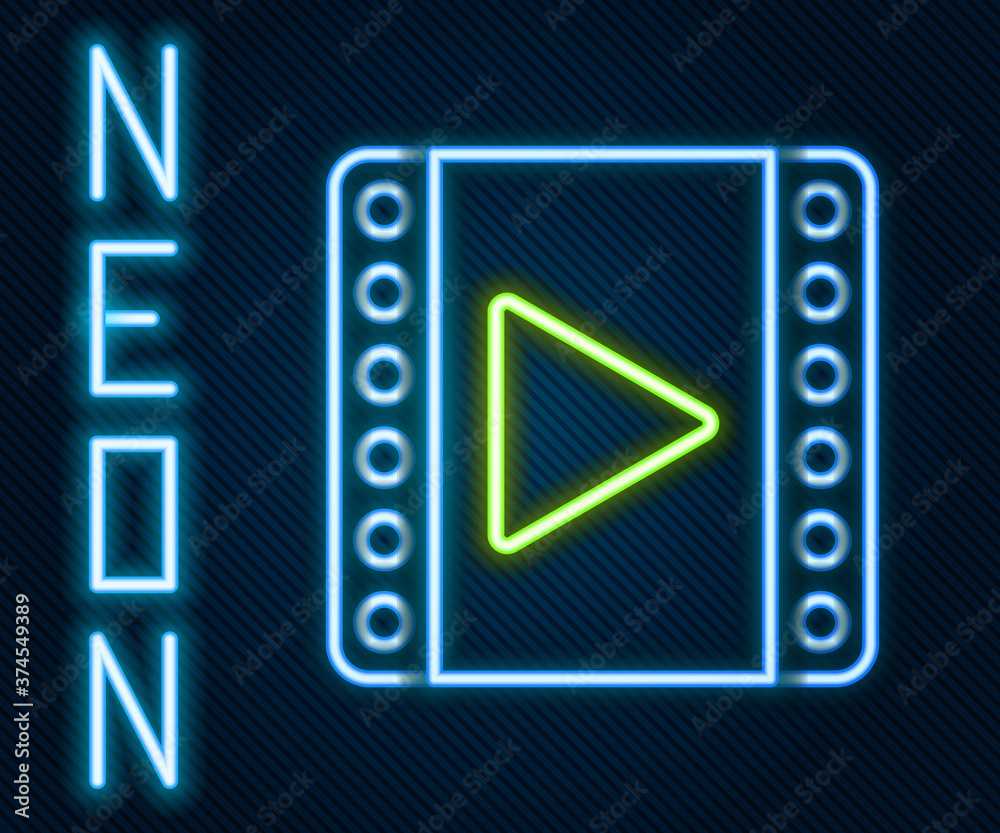 Glowing neon line Play Video icon isolated on black background. Film strip sign. Colorful outline co