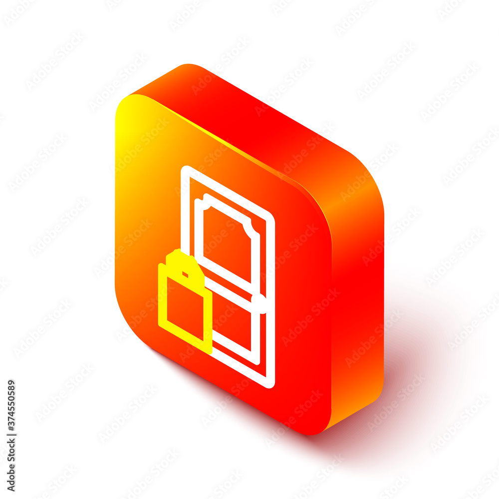 Isometric line Online ordering and fast food delivery icon isolated on white background. Orange squa