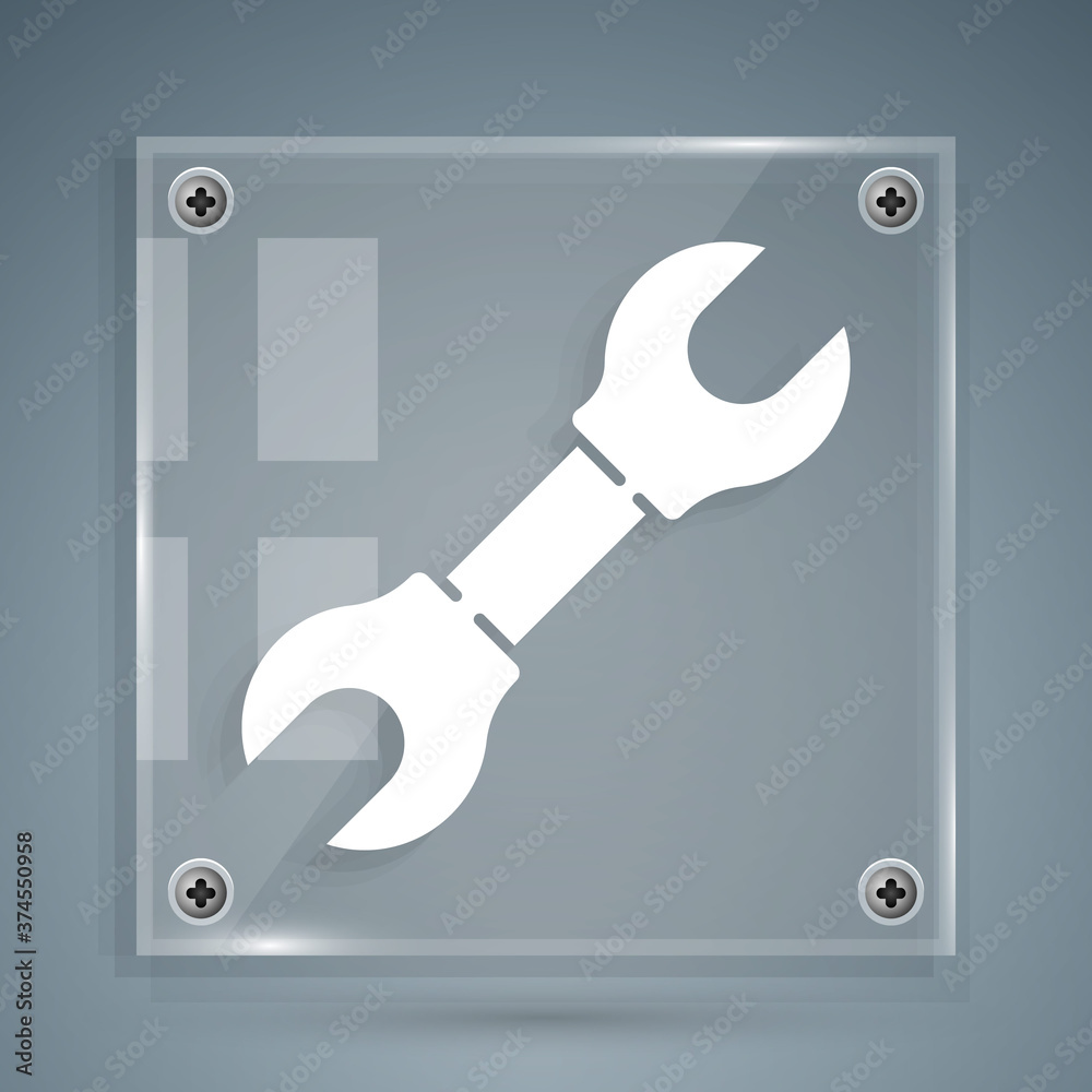 White Wrench spanner icon isolated on grey background. Square glass panels. Vector Illustration.