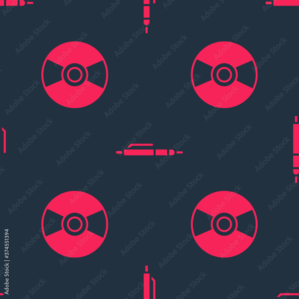 Set CD or DVD disk and Pen on seamless pattern. Vector.