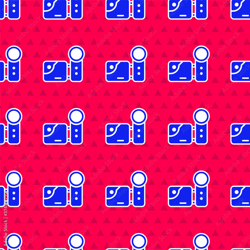 Blue Cinema camera icon isolated seamless pattern on red background. Video camera. Movie sign. Film 