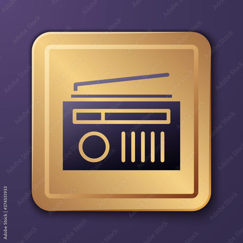 Purple Radio with antenna icon isolated on purple background. Gold square button. Vector Illustratio