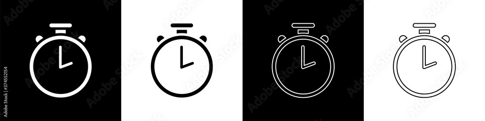 Set Stopwatch icon isolated on black and white background. Time timer sign. Chronometer sign. Vector