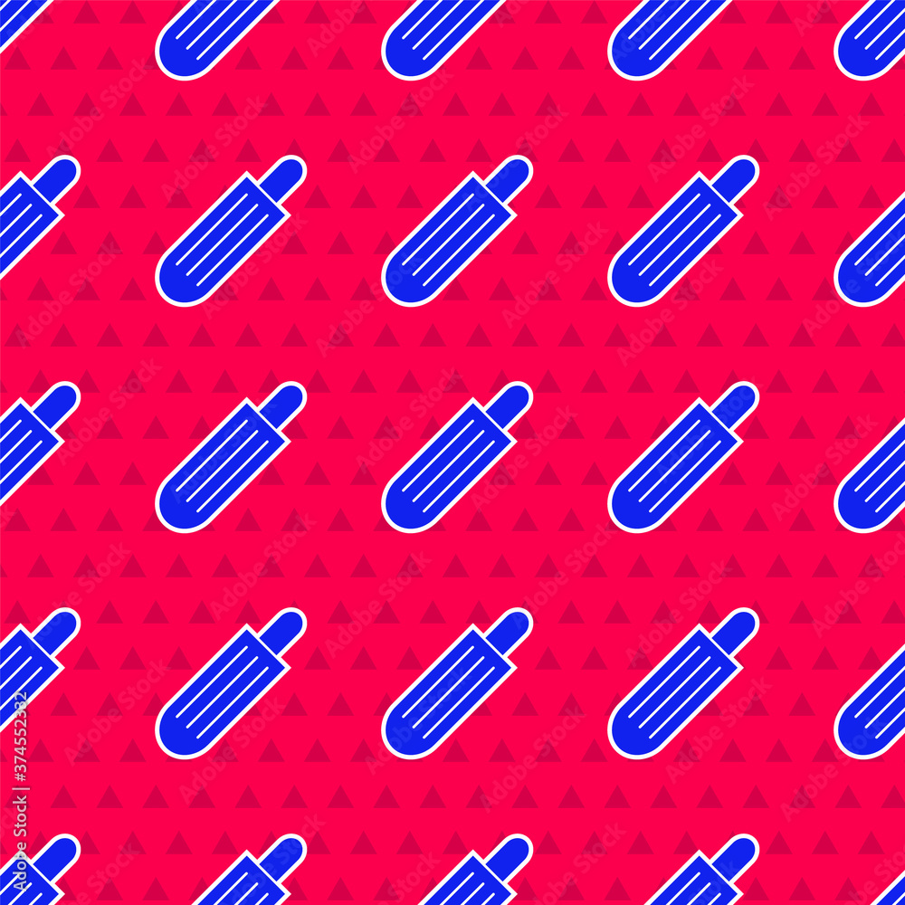 Blue French hot dog icon isolated seamless pattern on red background. Sausage icon. Fast food sign. 