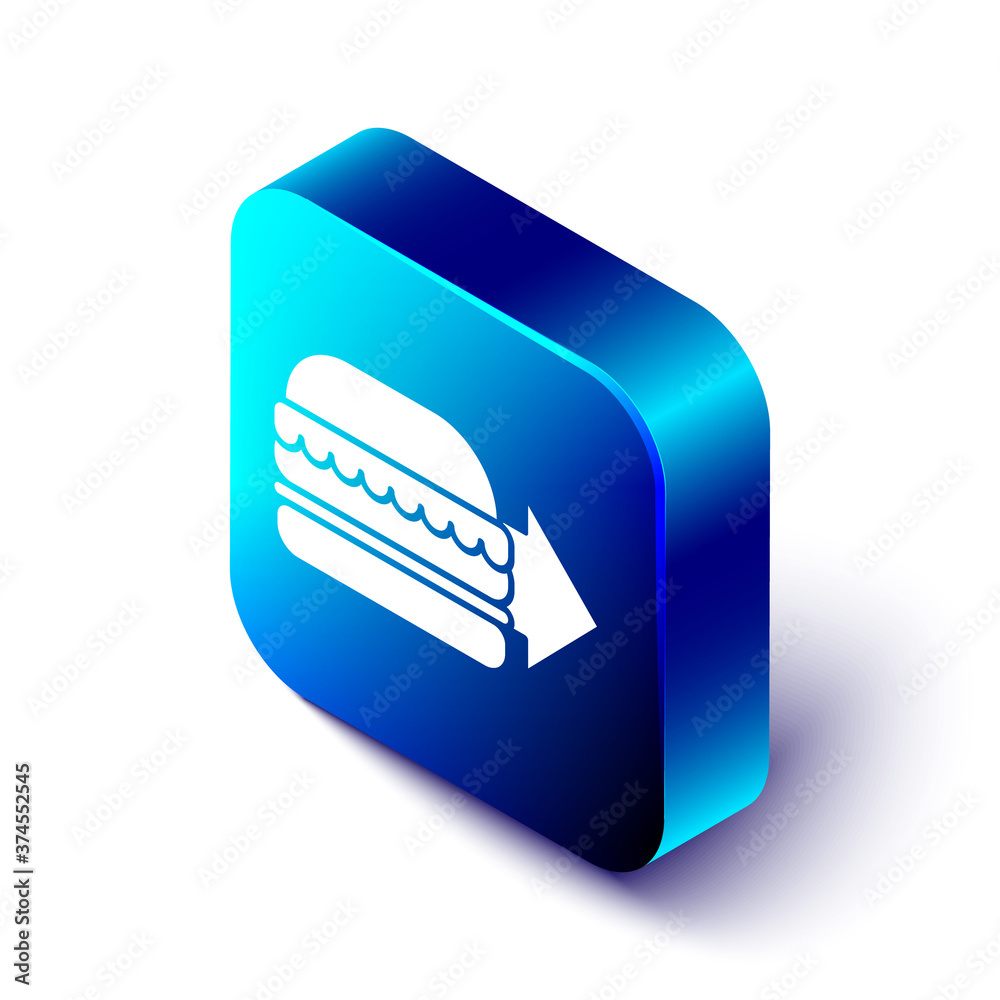 Isometric Online ordering and burger delivery icon isolated on white background. Blue square button.