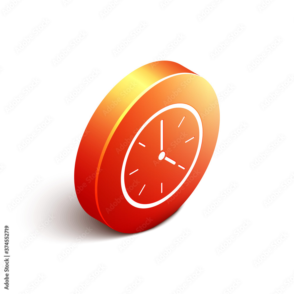 Isometric Clock icon isolated on white background. Time symbol. Orange circle button. Vector Illustr