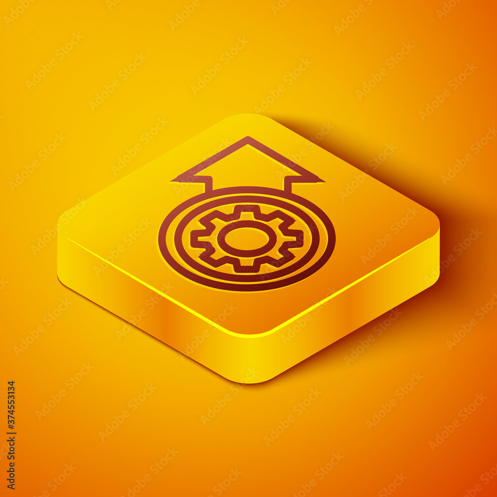 Isometric line Gear and arrows as workflow process concept icon isolated on orange background. Gear 