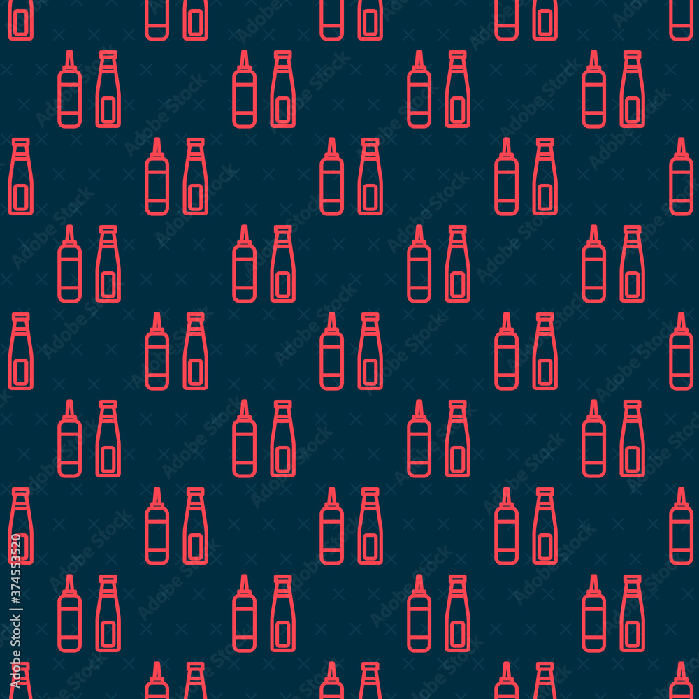 Red line Sauce bottle icon isolated seamless pattern on black background. Ketchup, mustard and mayon