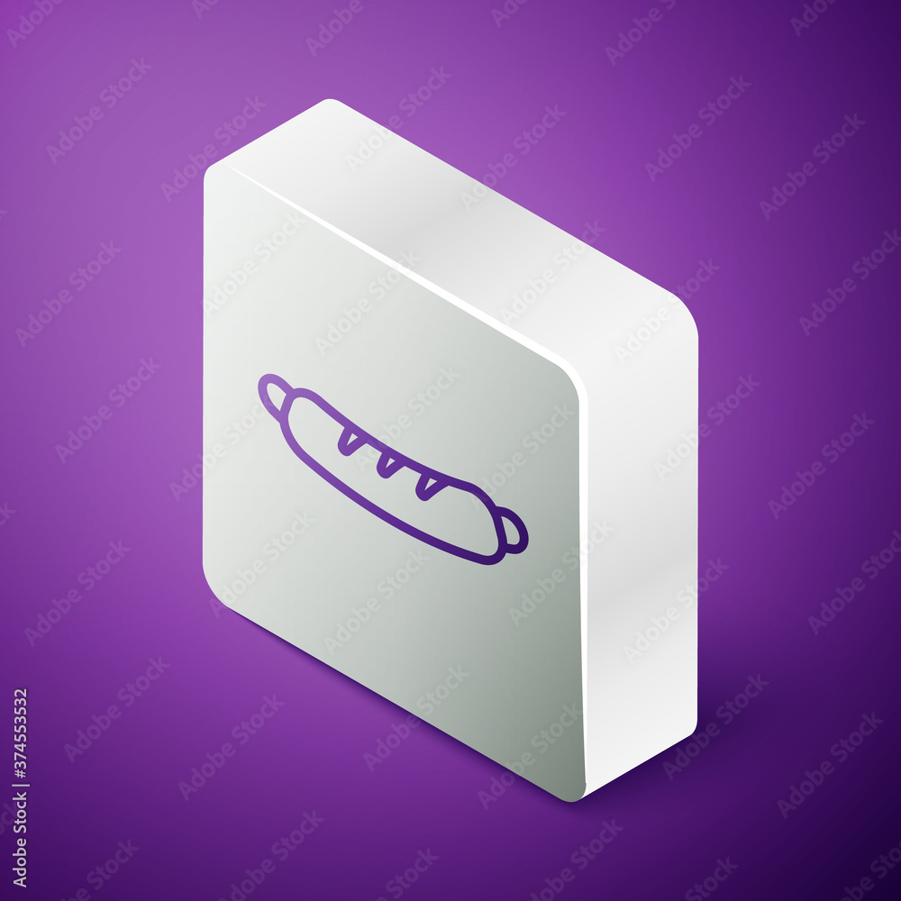 Isometric line Hotdog sandwich icon isolated on purple background. Sausage icon. Fast food sign. Sil