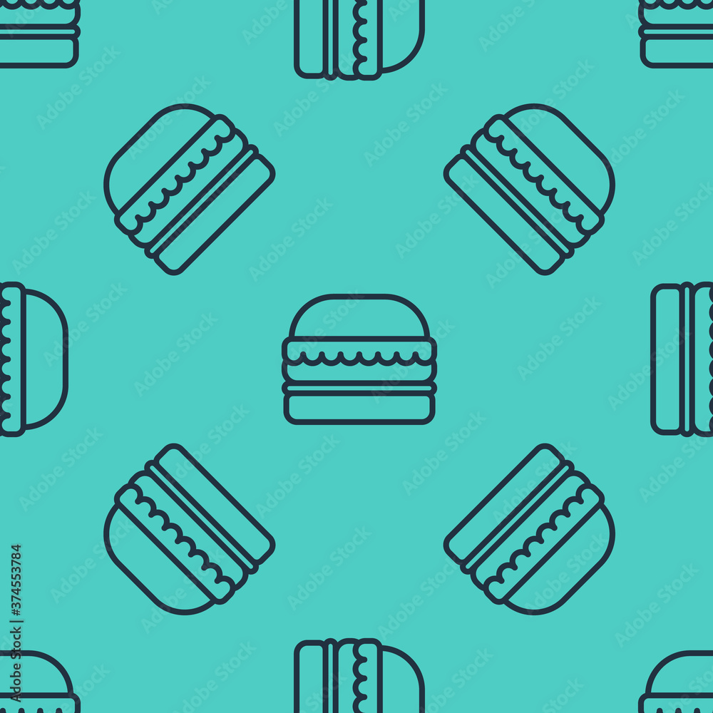 Black line Burger icon isolated seamless pattern on green background. Hamburger icon. Cheeseburger s