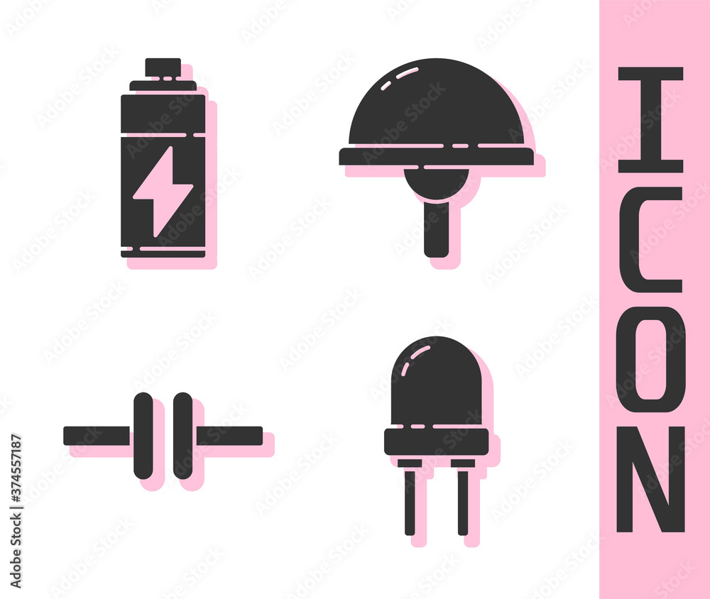 Set Light emitting diode, Battery, Electric circuit scheme and Light emitting diode icon. Vector.