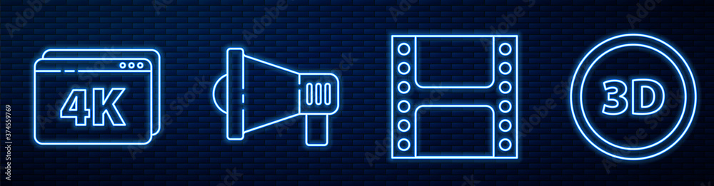 设置线路播放视频，在线播放视频，4k，Megaphone和3D单词。砖瓦上闪闪发光的霓虹灯图标