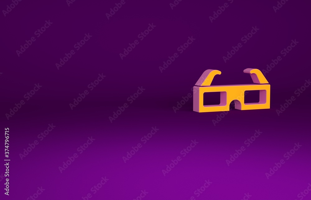 Orange 3D cinema glasses icon isolated on purple background. Minimalism concept. 3d illustration 3D 