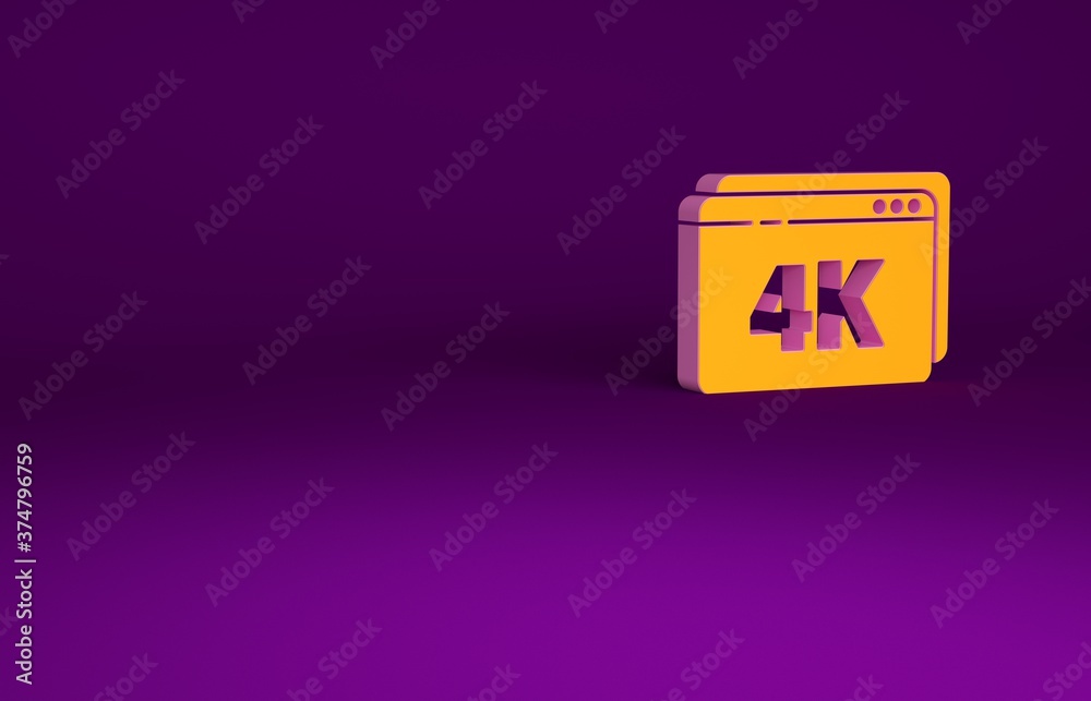 Orange Online play video with 4k Ultra HD video technology icon isolated on purple background. Film 