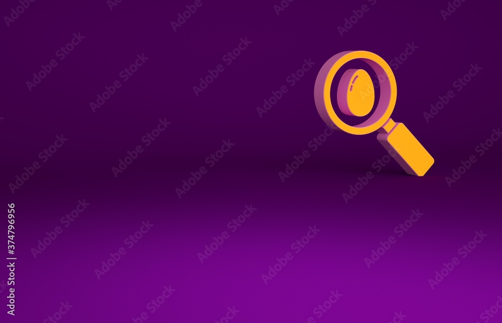 Orange Search and easter egg icon isolated on purple background. Happy Easter. Minimalism concept. 3