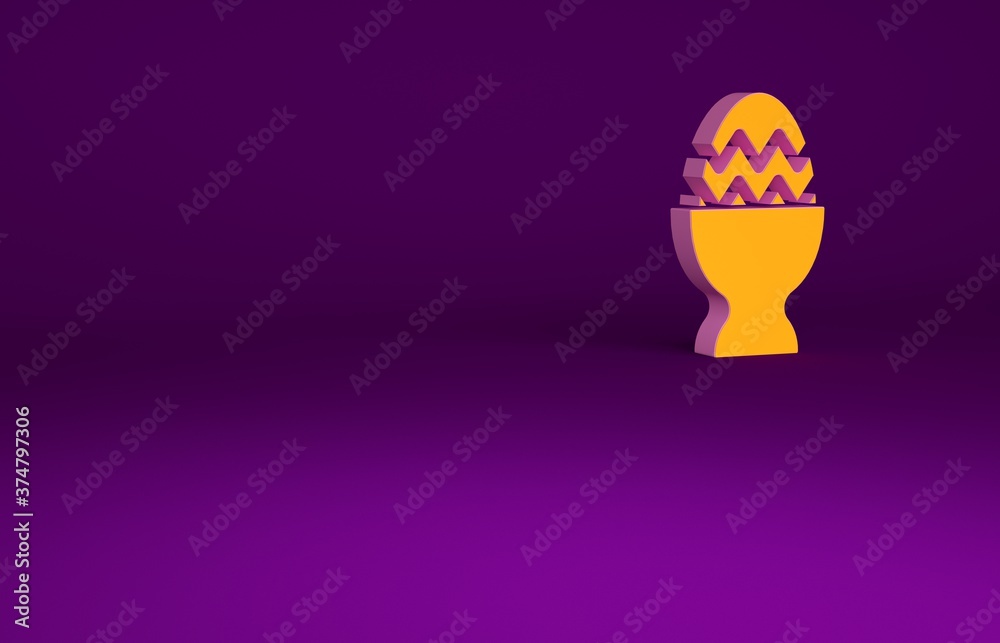 Orange Easter egg on a stand icon isolated on purple background. Happy Easter. Minimalism concept. 3