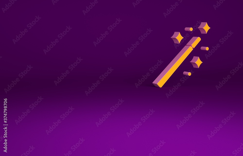 Orange Magic wand icon isolated on purple background. Star shape magic accessory. Magical power. Min