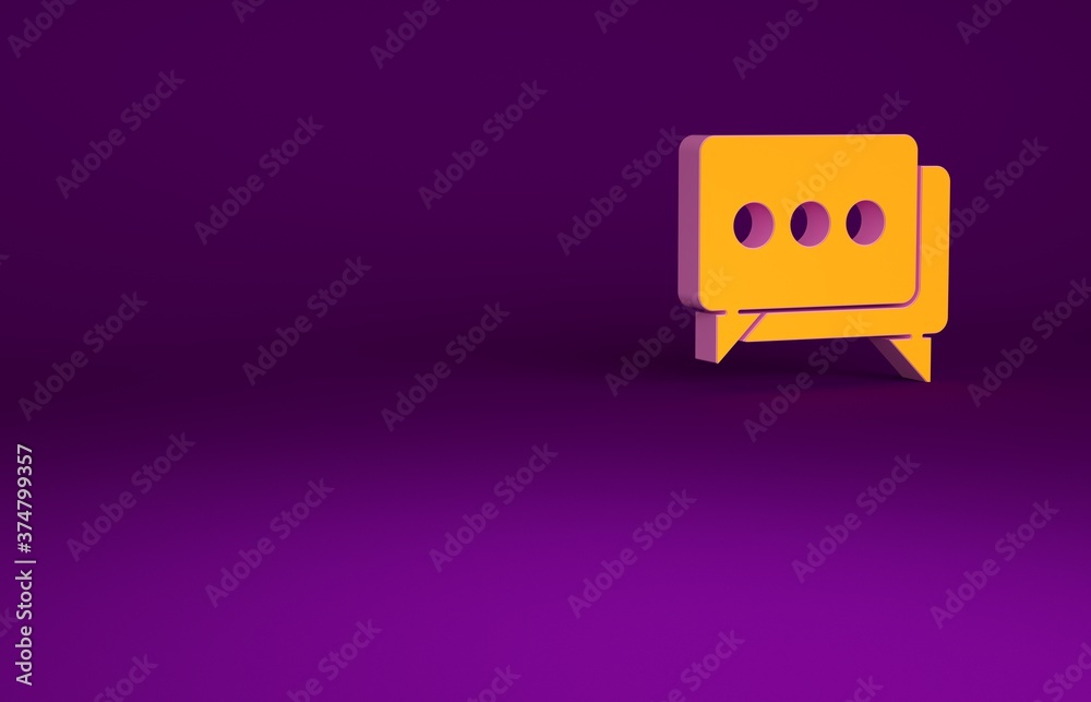 Orange Speech bubble chat icon isolated on purple background. Message icon. Communication or comment