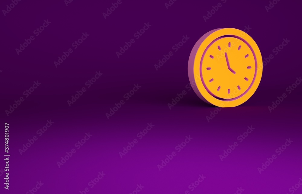 Orange Clock icon isolated on purple background. Time symbol. Minimalism concept. 3d illustration 3D