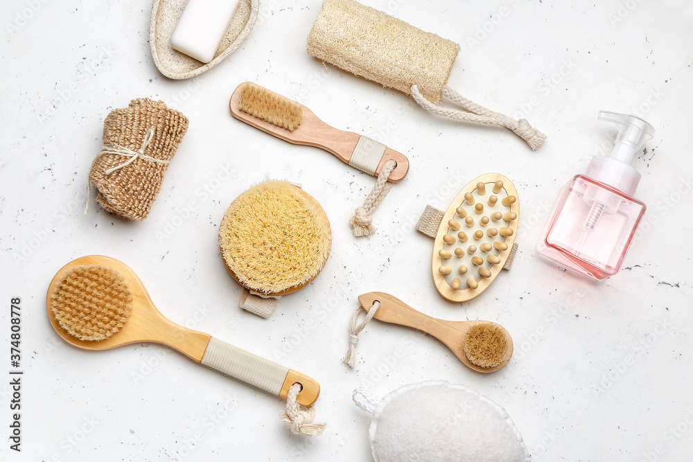 Natural bathing supplies on white background. Ecology concept