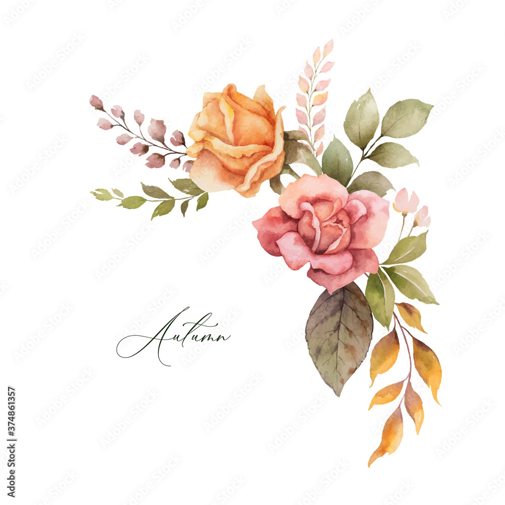 Watercolor vector wreath with autumn leaves and flowers isolated on white background. Arrangement fo