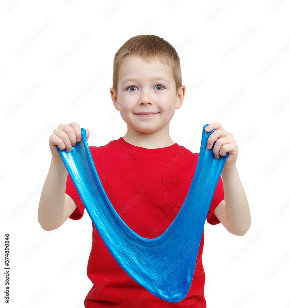 Litlle boy play with slime.