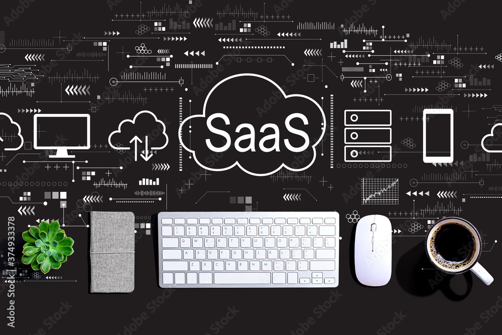 SaaS-软件即服务概念，带有计算机键盘和鼠标