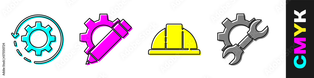 将齿轮和箭头设置为工作流程，铅笔和齿轮，工人安全帽和扳手和齿轮i