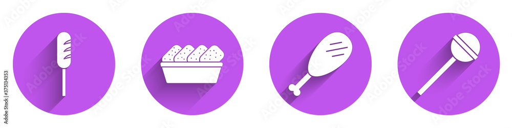 Set Fried sausage, Chicken nuggets in box, Chicken leg and Lollipop icon with long shadow. Vector.