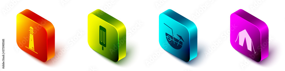 Set Isometric Lighthouse, Ice cream, Coconut cocktail and Tourist tent icon. Vector.