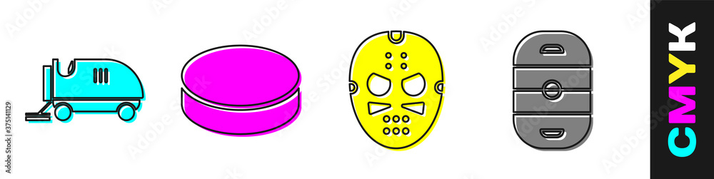 Set Ice resurfacer, Hockey puck, Hockey mask and Ice hockey rink icon. Vector.