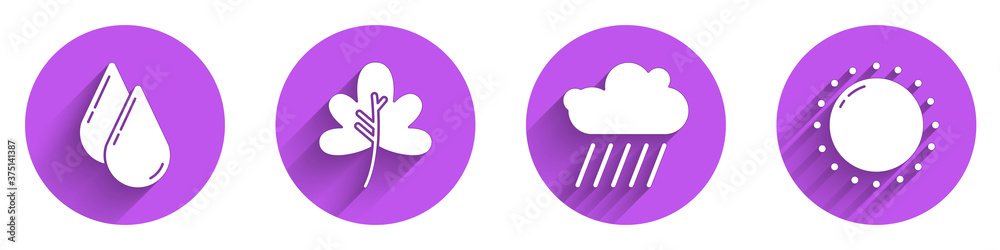 Set Water drop, Leaf or leaves, Cloud with rain and Sun icon with long shadow. Vector.