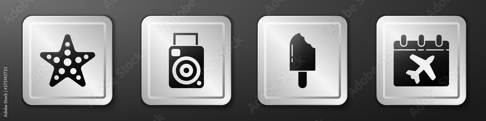 Set Starfish, Photo camera, Ice cream and Calendar and airplane icon. Silver square button. Vector.