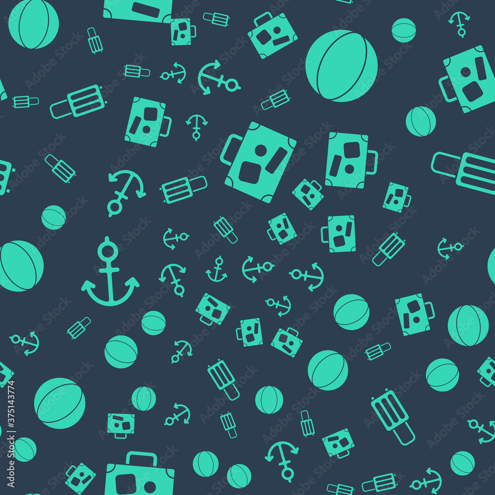 Set Suitcase, Beach ball, Anchor and Suitcase on seamless pattern. Vector.